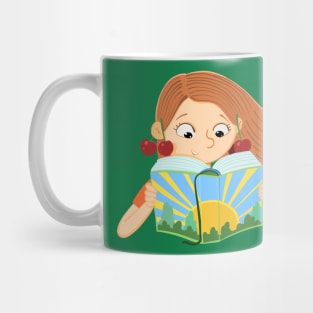 girl with cherries is reading a book with a sun on the cover Mug